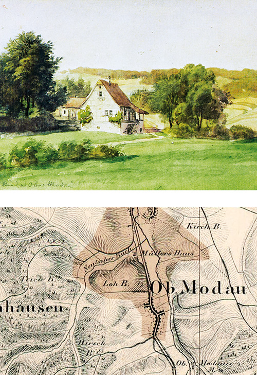 Ein Gemälde des alten Mühlhauses und die Landkarte aus dem 19. Jahrhundert mit dem Eintrag von "Müllers Haus"